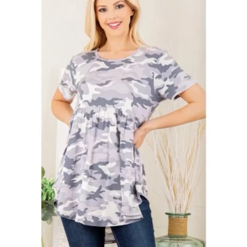 SHORT SLEEVE ROUND NECK CAMO PRINT BABYDOLL TOP